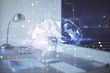 Bilgisayar ve insan beyninin hologram çizdiği çalışma alanının iki katına çıkarılması. Beyin fırtınası konsepti.