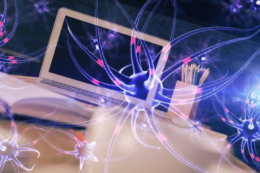 Masaüstü bilgisayar arkaplanı ve nöron çizimi. Çifte maruziyet. Eğitim kavramı.