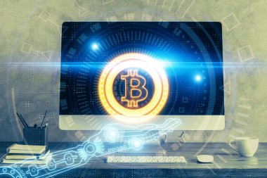 Blockchain temalı holograma ve bilgisayar arkaplanlı masaya çift pozlama. Bitcoin şifreleme para birimi kavramı.