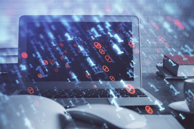 Bilgisayarın arka plan ve teknoloji temalı çizimlerine çoklu maruz kalma. Yenilik kavramı.