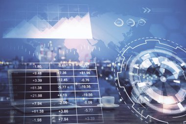 Eski pazar grafiği hologramı ve kişisel bilgisayar geçmişi. Çoklu maruz kalma. Yatırım kavramı.