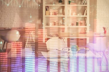 Finansal grafik çizimine ve ofis içi arka planına çifte maruz kalma. Borsa konsepti.