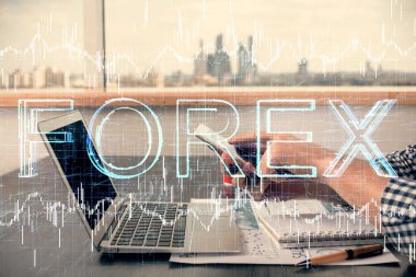 Bir adamın elini tutarken ve dijital bir cihaz ve ön grafik çizimi kullanırken çift pozlama. Finansal piyasa kavramı.