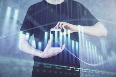 Bir adamın elini tutarken ve dijital bir cihaz ve ön grafik çizimi kullanırken çift pozlama. Finansal piyasa kavramı.