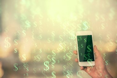Ön x çizelgesine çift pozlama, hologram çizimi ve cep telefonu kullanan bir kadın. Borsa konsepti.