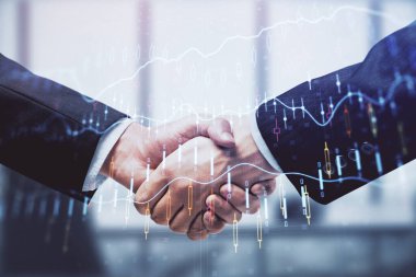 Forx grafik hologramı ve iki adamın el sıkışması. Borsa konsepti.