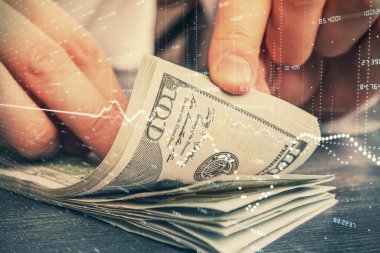 Forx grafiği, hologram, Amerikan dolarları ve insan eli çizimleri. Teknik Analiz kavramı.