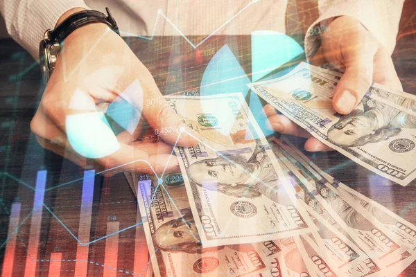 Multi Blootstelling Van Financiële Grafiek Tekenen Hologram Amerikaanse Dollars Rekeningen — Stockfoto