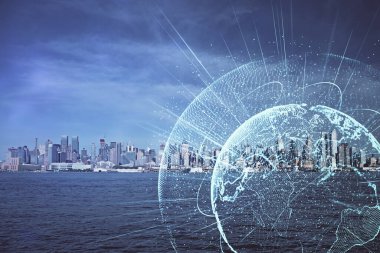 Sosyal ağ tema çizimi ve şehir manzarası arka planına çift pozlama. Bağlantı insanları kavramı.