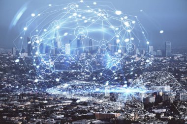 Sosyal ağ tema çizimi ve şehir manzarası arka planına çift pozlama. Bağlantı insanları kavramı.