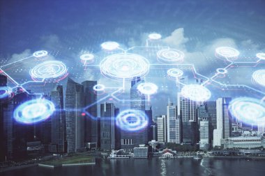 Sosyal ağ tema çizimi ve şehir manzarası arka planına çift pozlama. Bağlantı insanları kavramı.