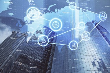 Sosyal ağ tema çizimi ve şehir manzarası arka planına çift pozlama. Bağlantı insanları kavramı.