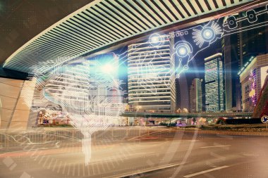 Şehrin arka planına beyin hologramı çizimi. Çifte maruz kalma. Beyin fırtınası konsepti.