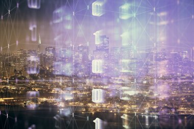 Veri temalı hologram gökdelenler arka planda çoklu pozlama ile şehir görünümüne çizim yapıyor. Ai kavramı.