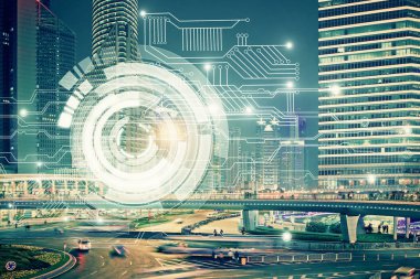 Veri temalı hologram gökdelenler arka planda çoklu pozlama ile şehir görünümüne çizim yapıyor. Ai kavramı.