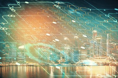 Veri temalı hologram gökdelenler arka planda çoklu pozlama ile şehir görünümüne çizim yapıyor. Ai kavramı.