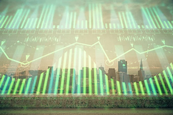 高層ビルを背景に二重露光で都市の景色を描くデータテーマのホログラム 技術コンセプト — ストック写真