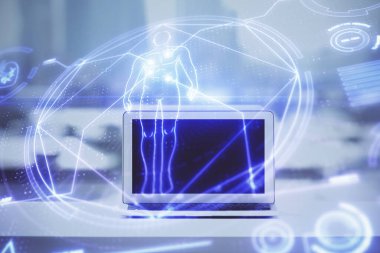 Masaüstü bilgisayar geçmişi ve eğitim teması çizimi. Çifte maruziyet. Konsept çalış.