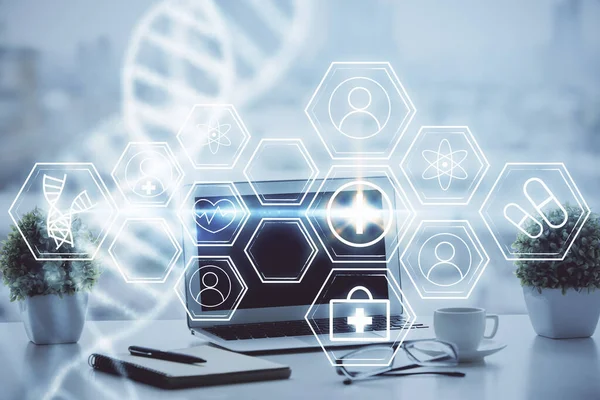 Desktop Computer Achtergrond Dna Tekening Dubbele Belichting Wetenschapsconcept — Stockfoto