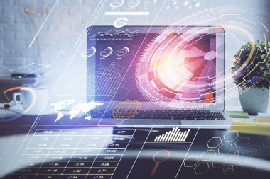 Kişisel bilgisayar ve teknik tema çizimi ile masaüstü çok açıkta. Büyük Veri Kavramı.