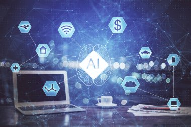 Bilgisayar ve teknoloji temalı çizimlere çifte maruz kalma. Yenilik kavramı.