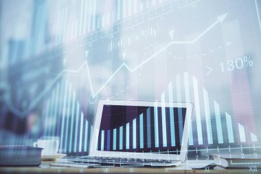 Bilgisayar geçmişi olan eski grafik hologramı. Çoklu maruz kalma. Finans piyasası kavramı.