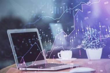 Eski pazar grafiği hologramı ve kişisel bilgisayar geçmişi. Çoklu maruz kalma. Yatırım kavramı.