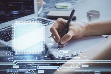 Veri çözeltisi hologramı ile arka plan üzerine yazılan ellere çoklu maruz kalma. Teknoloji konsepti.