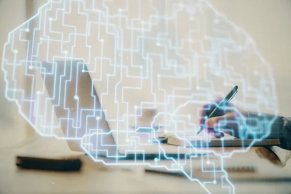 Homem Digitando Fundo Teclado Com Holograma Cerebral Conceito Big Data — Fotografia de Stock