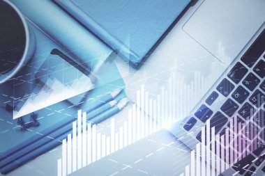 Bilgisayarla masaüstü arkaplanı üzerinde ön x grafik çizimi çift pozlama. Finansal analiz kavramı. Üst görünüm.