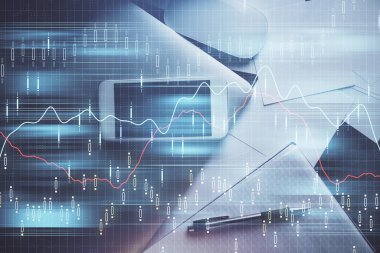 Forx grafik hologramının telefonlu masaüstü üzerinde çoklu pozlandırılması. Üst Manzara. Mobil ticaret platformu kavramı.