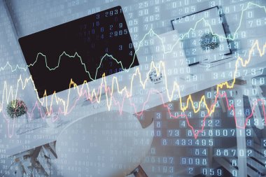 Finansal grafik çizimine ve ofis içi arka planına çifte maruz kalma. Borsa konsepti.