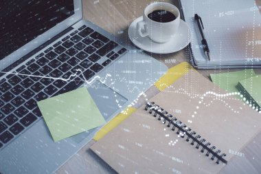 Önx grafik çizimi ve masaüstü ile kahve ve masa arkasındaki öğelerin çoklu pozlandırılması. Finansal piyasa ticareti kavramı