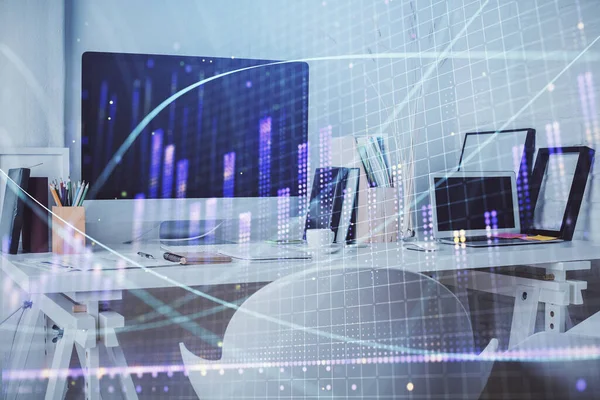 Borsa grafik çizimi ve ofis içi arka planının iki katına çıkarılması. Mali analiz kavramı.