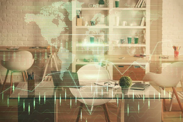 Double exposure of financial graph drawing and office interior background. Concept of stock market.