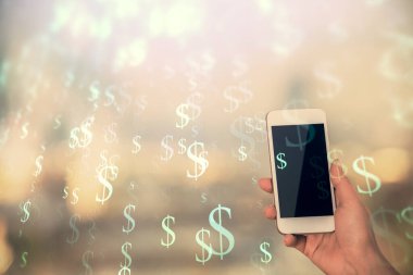 Ön x çizelgesine çift pozlama, hologram çizimi ve cep telefonu kullanan bir kadın. Borsa konsepti.