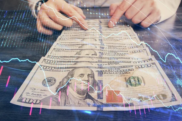 Multi Exposición Gráfico Divisas Dibujo Holograma Billetes Dólares Las Manos —  Fotos de Stock