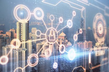 Sosyal ağ tema çizimi ve şehir manzarası arka planına çift pozlama. Bağlantı insanları kavramı.