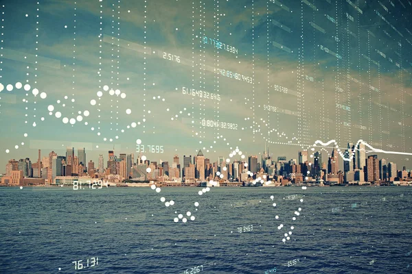 Data theme hologram drawing on city view with skyscrapers background double exposure. Technology concept.