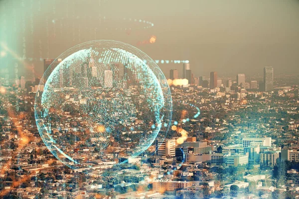 Map Data Theme Hologram City View Skyscrapers Background Double Exposure — Stock Photo, Image