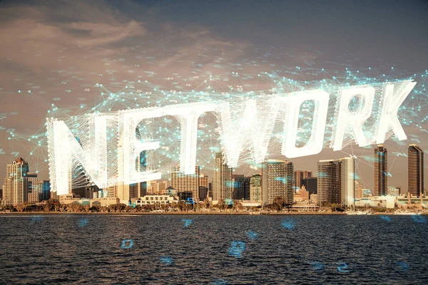 Veri Temalı Hologram Gökdelenler Arka Planda Çoklu Pozlama Ile Şehir — Stok fotoğraf