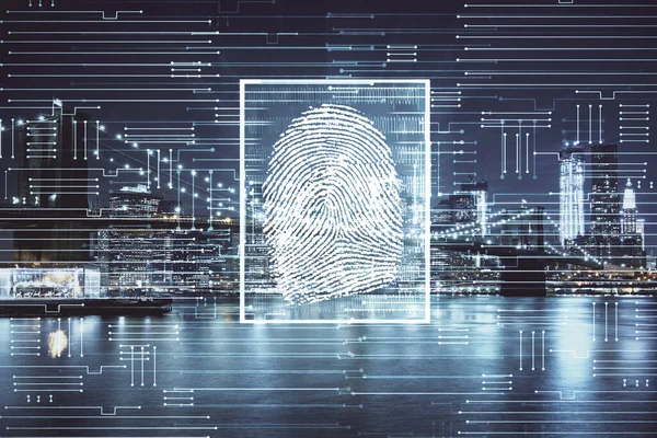 Dubbel Exponering Fingeravtryck Hologram Och Cityscape Bakgrund Begreppet Personlig Säkerhet — Stockfoto