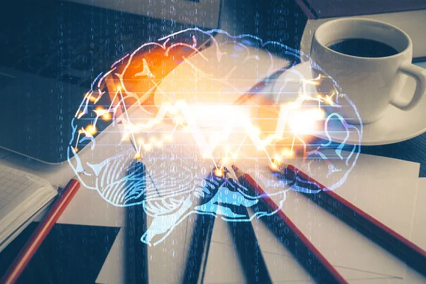 Podwójna Ekspozycja Komputera Stacjonarnego Hologramu Rysunku Ludzkiego Mózgu Koncepcja — Zdjęcie stockowe