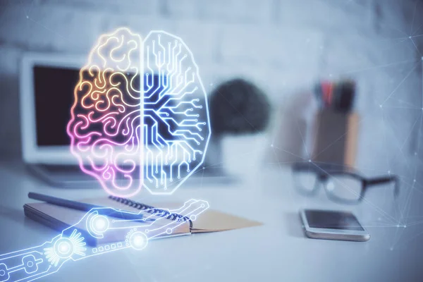 Multi Exposição Espaço Trabalho Com Computador Holograma Cérebro Humano Conceito — Fotografia de Stock