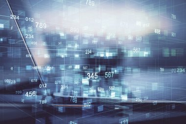 Bilgisayarın arka plan ve teknoloji temalı çizimlerine çoklu maruz kalma. Yenilik kavramı.