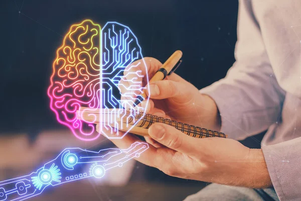 Erkek eli geçmişi olan beyin çoklu pozlama ikonu. Öğrenme kavramı.