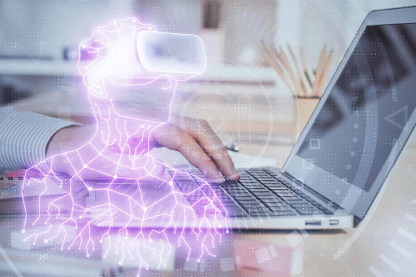 AR hologram with man working on computer on background. Augmented reality concept. Double exposure.