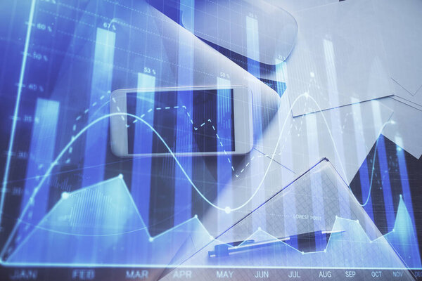 Multi exposure of forex graph hologram over desktop with phone. Top view. Mobile trade platform concept.