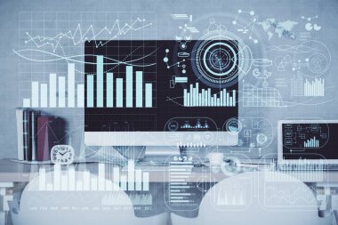 Hisse senedi borsası çizimine ve ofis iç planına çok maruz kalmış. Mali analiz kavramı.