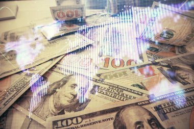 İşletme temasının çoklu pozu bize dolar banknotları üzerinden geçiyor. Finansal başarı kavramı.